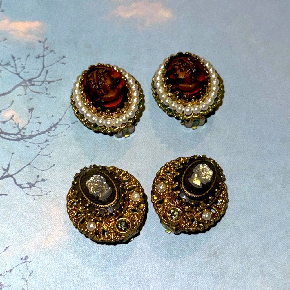 Two Sets of Vintage Costume Jewelry Cameo Earrings Marked W. Germany